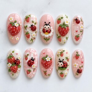 Handmade Strawberry Ladybug Press On Nails, Kawaii Almond Nails,3D Gel Strawberry Charms Hand Painted Floral Details Nails