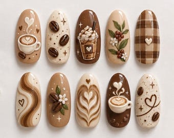 May include: A set of ten oval-shaped press-on nails featuring coffee-themed designs in shades of brown, cream, and white. The artwork includes 3D-style coffee cups, roasted coffee beans, latte art, floral sprigs, plaid patterns, and heart motifs.