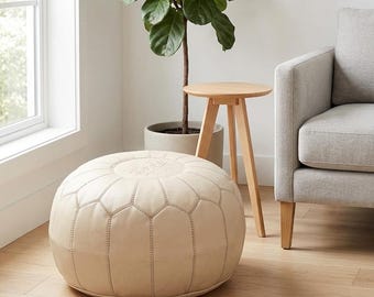 Moroccan Leather Pouf Ottoman 21 – Handcrafted Round Floor Pouf, Genuine Leather, Boho Living Room Footrest, Natural Tan Seat Cushion