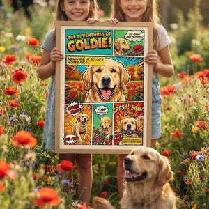 May include: A rectangular framed print featuring a comic book style illustration titled The Adventures of Goldie. The artwork displays a golden retriever in various scenes with text bubbles including Woof, Yum, Crash, Bam, and Boom.