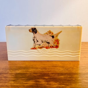 May include: A rectangular off-white plastic box featuring a graphic illustration of a white and black spotted dog standing in orange foliage. The front surface has a molded wave pattern at the bottom, and the top edge has a scalloped design.
