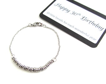 30th Birthday Bracelet, Stainless Steel Beaded Bracelet, Milestone Birthday Gift, Gift For Thirty Year Old, Thirtieth Birthday Gift