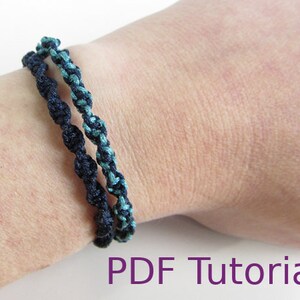 Two macrame half square knot bracelets with slider closures are shown worn on a wrist. The left bracelet is in a navy blue cord and the right one with light blue and navy blue cord. With PDF Tutorial written on the image.