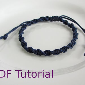 Navy blue macrame half square knot bracelet with slider closure. With PDF Tutorial written on the image.