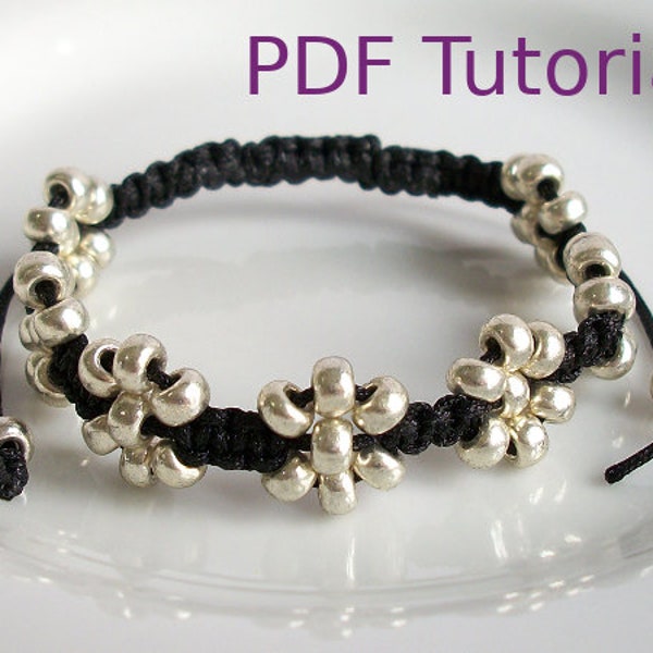 Tutoriel PDF fleurs perlées motif de bracelet en macramé noeud carré, téléchargement immédiat tutoriel de bracelet en macramé, bracelet de perles de rocaille bricolage