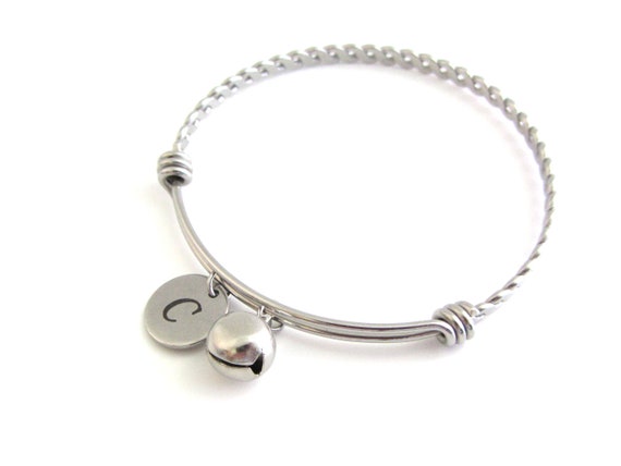 Bell Charm Stainless Steel Bangle Initial Bangle - Etsy UK