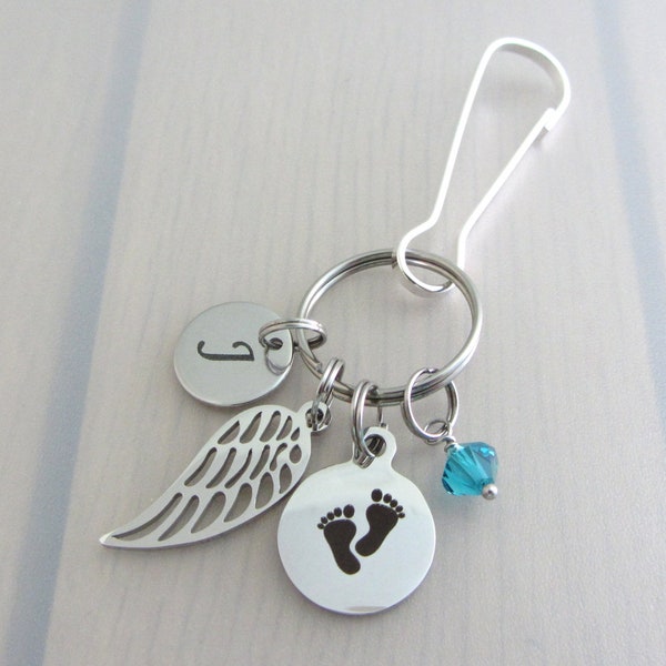 Pregnancy Loss Bag Charm, Personalised Birthstone Crystal Purse Clip, Initial Letter Handbag Charm, Angel Wing Zipper Pull, Baby Feet Charm