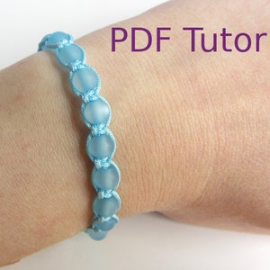 Light blue beaded macrame square knot bracelet is shown worn on wrist. With PDF Tutorial written on the image.