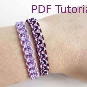 Two macrame alternating square knot bracelets with slider closures are shown worn on a wrist. The left bracelet is in a lilac cord and the right one with purple and lilac cord. With PDF Tutorial written on the image.