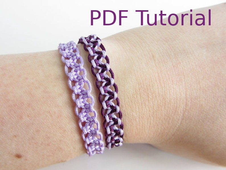 Two macrame alternating square knot bracelets with slider closures are shown worn on a wrist. The left bracelet is in a lilac cord and the right one with purple and lilac cord. With PDF Tutorial written on the image.