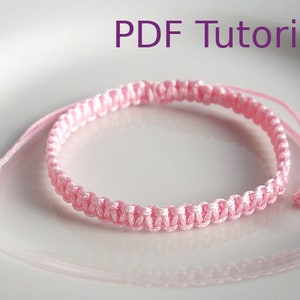 Pink macrame square knot bracelet with slider closure. With PDF Tutorial written on the image.
