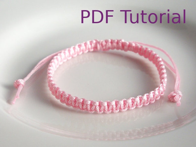 Pink macrame square knot bracelet with slider closure. With PDF Tutorial written on the image.