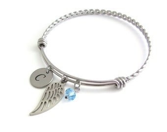 Stainless Steel Angel Wing Charm Bangle, Birthstone Initial Bangle, Personalised Silver Letter Bracelet, In Remembrance, Sympathy Loss Gift