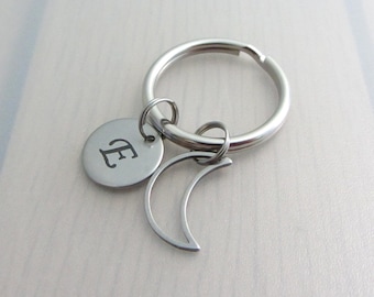 Hollow Moon Charm Keychain,  Crescent Moon Keyring, Letter Keychain, Personalised Custom Initial Bag Charm, Celestial Keychain, Space Gift