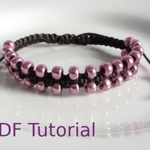 Pink beaded brown macrame square knot bracelet with slider closure. Beads are arranged in two rows on the outside of the bracelet. With PDF Tutorial written on the image.