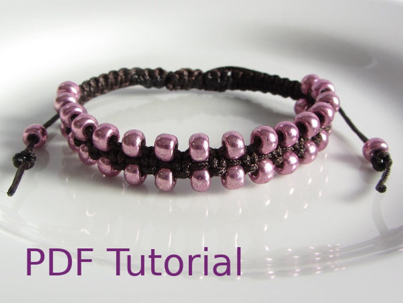 Pink beaded brown macrame square knot bracelet with slider closure. Beads are arranged in two rows on the outside of the bracelet. With PDF Tutorial written on the image.