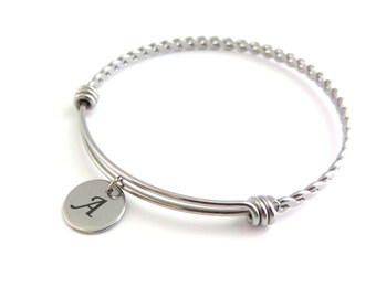 Stainless Steel Letter Charm Bangle, Custom Initial Charm Bangle, Personalised Letter Bracelet, Adjustable Bangle, Alphabet Name Gift