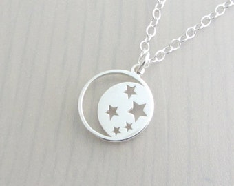 Sterling Silver Crescent Moon Necklace, Silver Star Charm Pendant, Space Charm Necklace, Celestial Pendant, Space Gift, Gift For Her