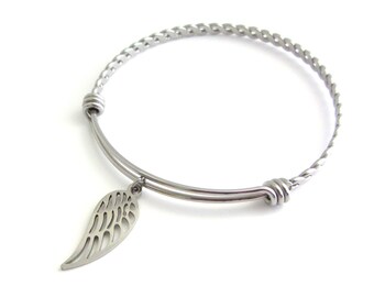 Stainless Steel Angel Wing Charm Bangle, In Remembrance Bracelet, Bereavement Bangle, In Memory Jewelry, Sympathy Loss Gift, Gift For Her