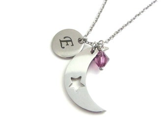 Crescent Moon Charm Necklace, Personalised Birthstone Necklace, Custom Letter Pendant, Initial Jewelry, Stainless Steel Space Pendant