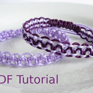 Two macrame alternating square knot bracelets with slider closures shown laid on top of each other. The bottom bracelet in lilac cord and the top one with purple and lilac cord. With PDF Tutorial written on the image.