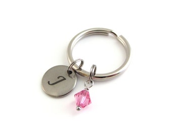 Letter Charm Keychain, Personalised Birthstone Keyring, Custom Engraved Initial Keyring, Birthstone Crystal Keychain, Alphabet Name Gift