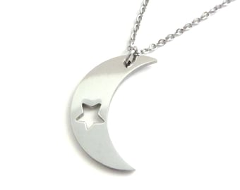 Stainless Steel Crescent Moon Star Necklace: Celestial Space Pendant