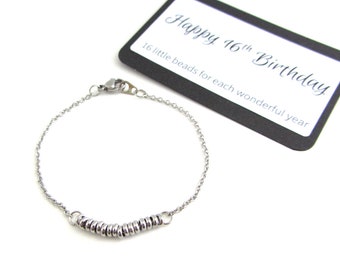 16th Birthday Bracelet, Stainless Steel Beaded Bracelet, Milestone Birthday Gift, Gift For Sixteen Year Old, Sixteenth Birthday Gift