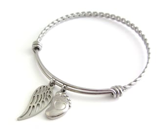 Baby Loss Stainless Steel Bangle, Pregnancy Loss Bangle, Angel Wing Charm, Baby Foot Charm, In Memory Jewelry, Sympathy Loss Gift, For Her