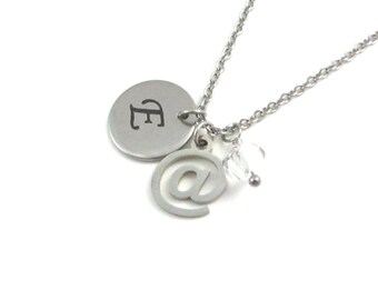 At Symbol Charm Necklace, @ Sign Necklace, Personalised Birthstone Necklace, Custom Letter Pendant, Steel Internet Charm, Computer Geek Gift