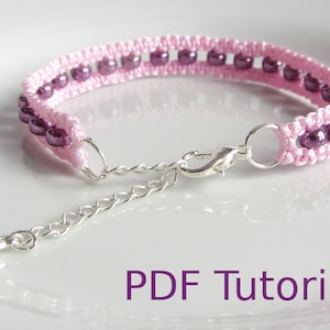 A bracelet that has a 3 row effect. The bottom and top rows are pink cord using macrame knots. The middle row is pink beads. With a close up of the metal chain and clasp closure that can extend the length. With PDF Tutorial written on the image.