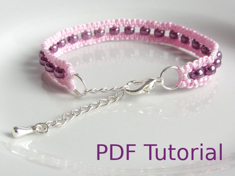 A bracelet that has a 3 row effect. The bottom and top rows are pink cord using macrame knots. The middle row is pink beads. With a close up of the metal chain and clasp closure that can extend the length. With PDF Tutorial written on the image.