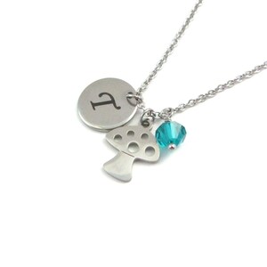 Mushroom Charm Necklace, Toadstool Necklace, Personalised Birthstone Necklace, Custom Letter Pendant, Stainless Steel Woodland Charm