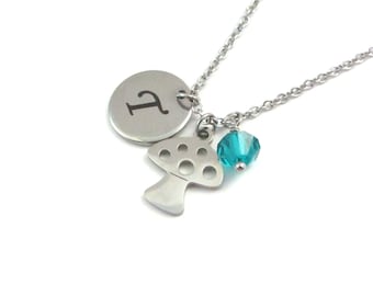 Mushroom Charm Necklace, Toadstool Necklace, Personalised Birthstone Necklace, Custom Letter Pendant, Stainless Steel Woodland Charm