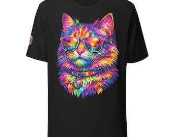 Neon Cat T-Shirt | Colorful Psychedelic Cat Graphic Tee | Front & Back Print
