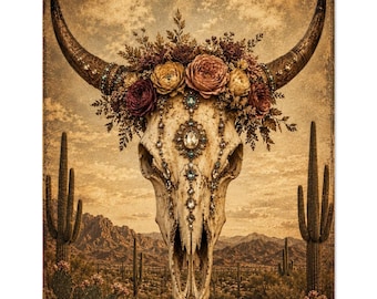 Western Boho Skull Wall Art | Vintage Desert Cow Skull with Floral Crown | Rustic Southwestern Decor | Longhorn Skull Poster