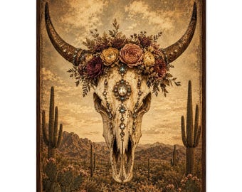 Framed Western Boho Skull Wall Art 20x28 | Rustic Longhorn Skull with Floral Crown | Vintage Desert Decor | Ready to Hang Wooden Frame Print