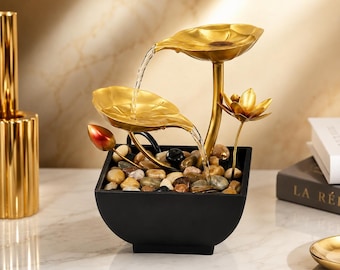 Fontaine d'eau de table alimentée par USB, cascade décorative de bureau en forme de lotus doré avec pierres pour la décoration zen à domicil