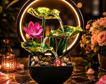 Fontaine d’Intérieur Zen LED Lotus | Fontaine à Eau de Table 3 Niveaux avec Cascade Apaisante | Décoration Feng Shui, Bureau, Salon & Chambr