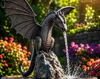 Fuente de dragón realista: escultura de jardín de fantasía, elemento de agua de resina con efecto bronce negro.