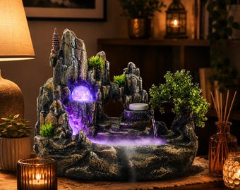 Zen-Zimmerbrunnen - LED-Kaskade, Naturstein-Bonsai, entspannendes Home-Office-Dekor