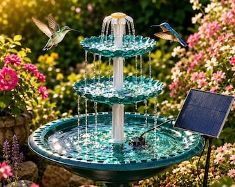 Fontaine Solaire de Jardin 3 Niveaux, Bain d’Oiseaux Décoratif, Cascade d’Eau Relaxante, Panneau Solaire Externe, Décoration Terrasse Patio