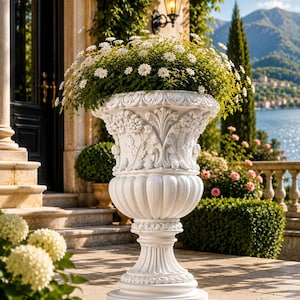 Pode incluir: Um vaso de pedra branca em forma de urna com relevos intrincados de motivos florais e de folhas na borda superior e no corpo. O vaso possui uma taça canelada, uma base de pedestal e está preenchido com flores brancas semelhantes a margaridas.