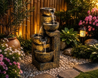 Fontaine de jardin Outsunny 5W, fontaine à eau en cascade à 4 niveaux avec pompe à eau et sortie d'eau réglable pour la décoration