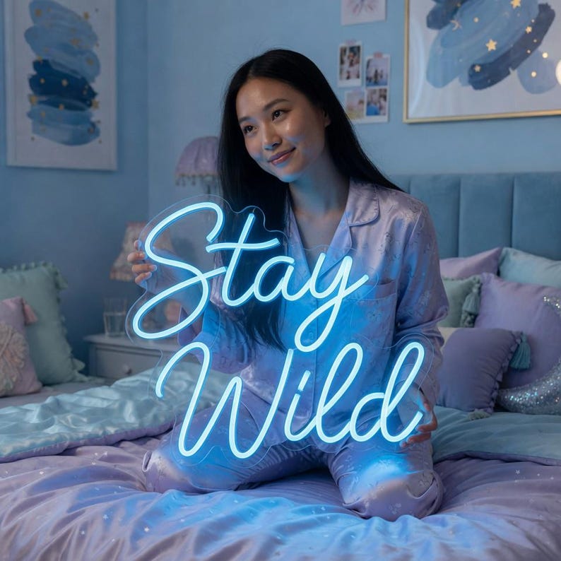Może przedstawiać: Jasnoniebieski neon z napisem Stay Wild wykonanym kursywą. Znak wykonany jest z elastycznych rurek LED zamontowanych na przezroczystym akrylowym podkładzie, emitującym żywą poświatę, kt&oacute;ra oświetla otaczającą przestrzeń.