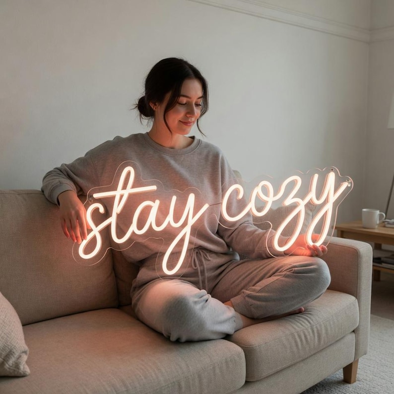 Może przedstawiać: Spersonalizowany neon z napisem stay cozy wykonanym kursywą. Znak emituje ciepłe, delikatne światło i jest zamontowany na przezroczystym akrylowym podkładzie, kt&oacute;ry podąża za konturem liter, tworząc efektowne oświetlenie dekoracyjne.