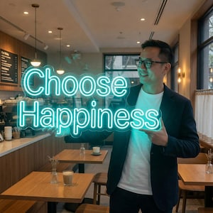 Może przedstawiać: Jasny, cyjanowy neon z napisem Choose Happiness wykonanym kursywą. Znak jest zamontowany na przezroczystym akrylowym podkładzie i emituje żywą poświatę, wyraźnie prezentując słowa w dw&oacute;ch liniach na tle ciemnego wnętrza.