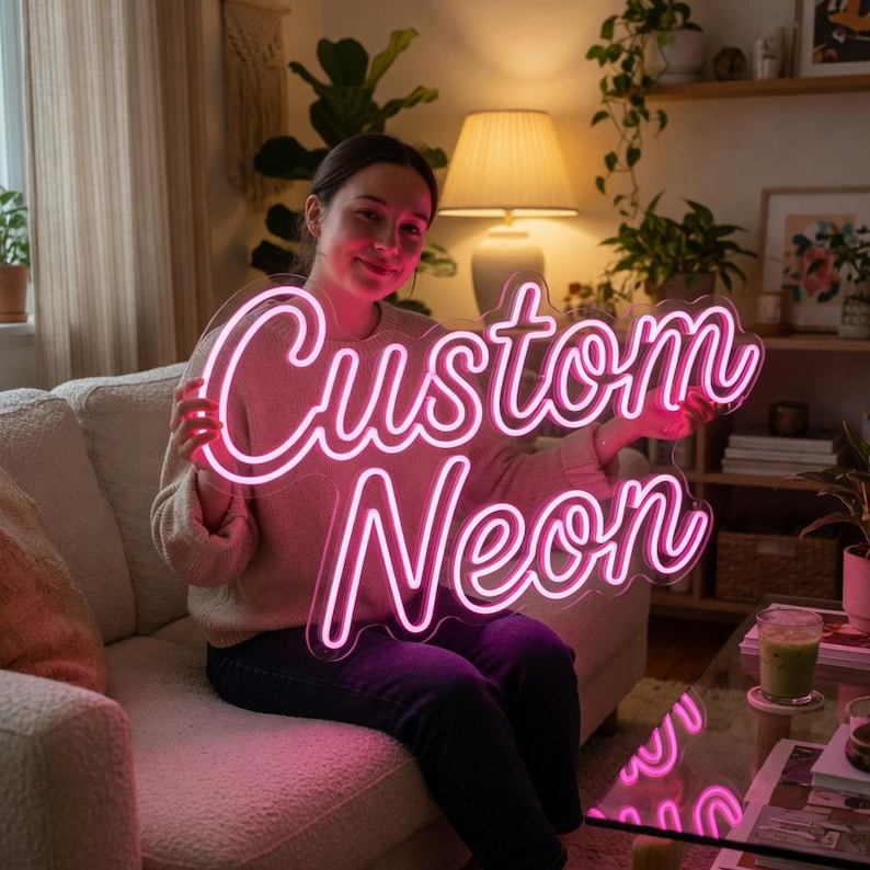 Może przedstawiać: Spersonalizowany neon z napisem Custom Neon wykonanym jasnor&oacute;żową kursywą. Znak jest zamontowany na przezroczystym akrylowym podkładzie i emituje żywą r&oacute;żową poświatę, wyraźnie prezentując tekst w dw&oacute;ch liniach na neutralnym tle.