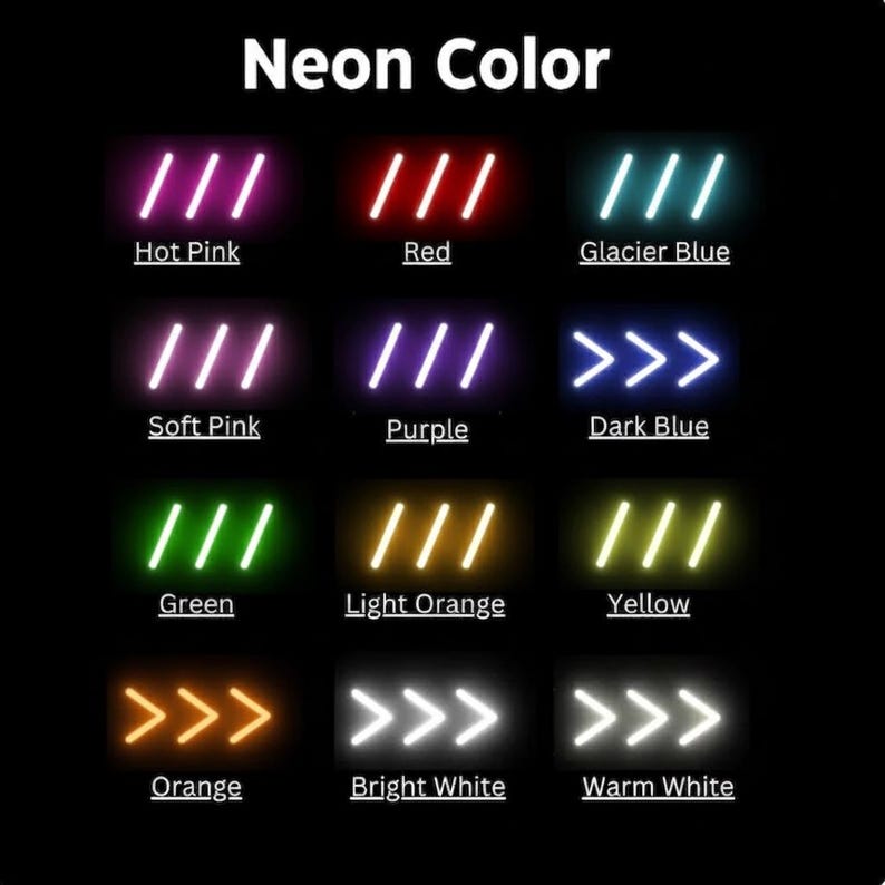 Może przedstawiać: Wzornik kolor&oacute;w zatytułowany Neon Color przedstawiający dwanaście opcji świecących neon&oacute;w na czarnym tle. Każdy kolor zawiera trzy ukośne linie lub znaki chevron z etykietami: Hot Pink, Red, Glacier Blue, Soft Pink, Purple, Dark Blue, Green, Light Orange, Yellow, Orange, Bright White i Warm White.