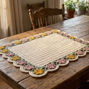 Könnte beinhalten: Ein rechteckiges Häkel-Platzset mit einer cremefarbenen Mitte in Rippenstruktur, umgeben von einer dekorativen Bordüre aus abwechselnd rosa und gelben Blumen, die durch salbeigrüne Blätter verbunden sind, mit einem cremefarbenen Wellenrand.